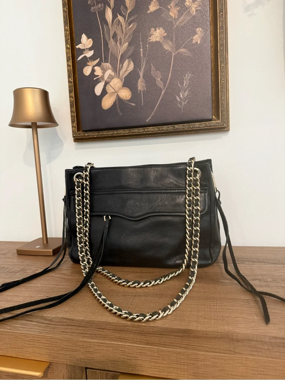Rebecca Minkoff Black Leather Shoulder Bag with Gold Chain Straps - Picture 2 of 8